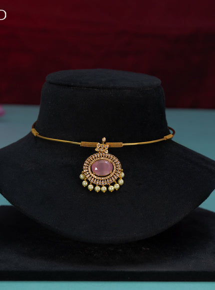 Antique ring type choker with baby pink & cz stones and pearl hangings