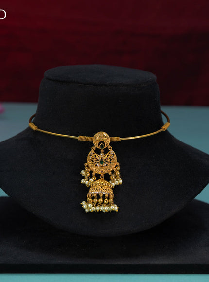 Antique ring type choker chandbali design with kemp & cz stones and golden beads hangings