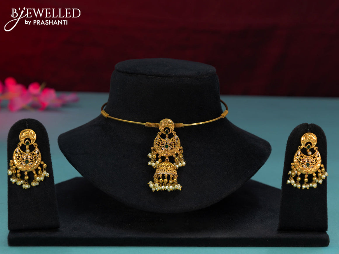 Antique ring type choker chandbali design with kemp & cz stones and golden beads hangings