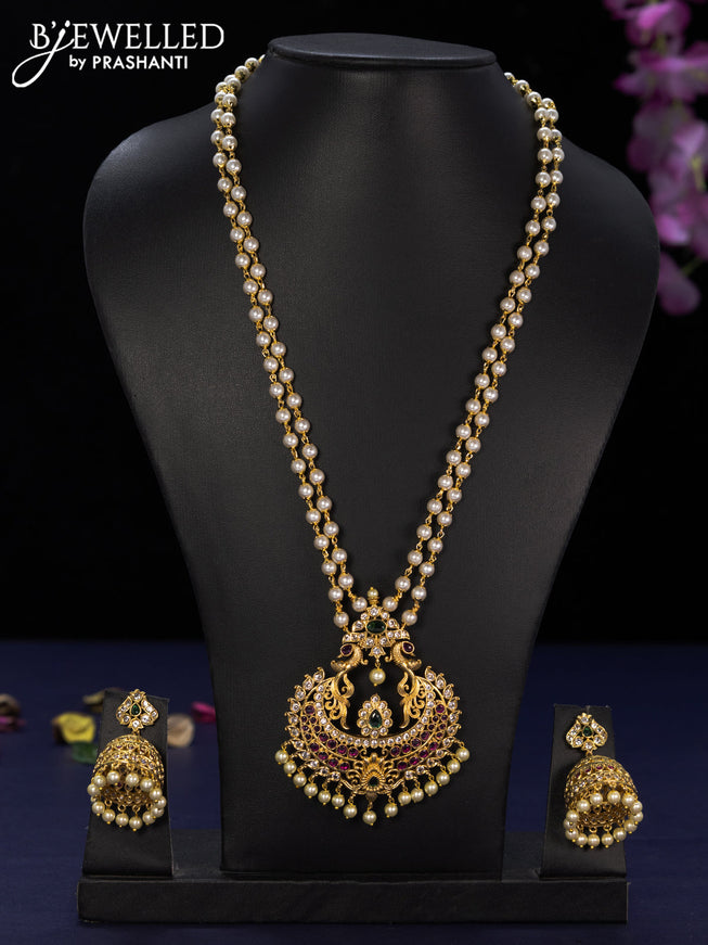 Pearl haaram with kemp & cz stones and pearl hangings