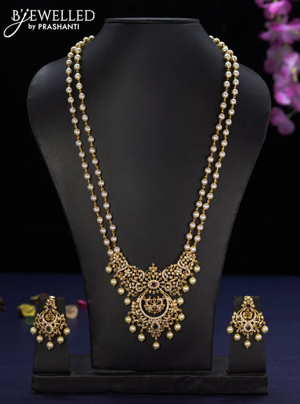 Pearl haaram with kemp & cz stones and pearl hangings