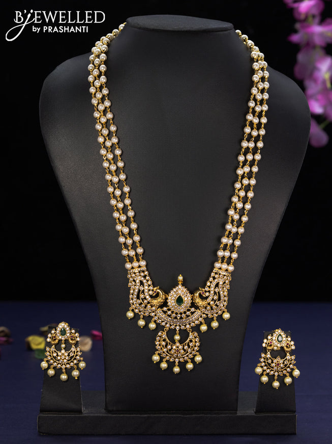 Pearl haaram with kemp & cz stones and pearl hangings