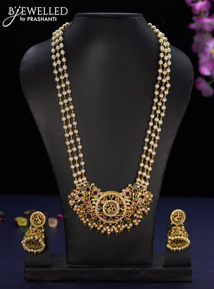 Pearl haaram swan design with kemp & cz stones and golden beads hangings