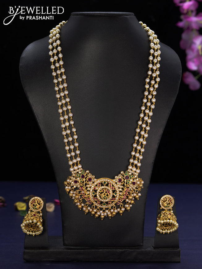 Pearl haaram swan design with kemp & cz stones and golden beads hangings