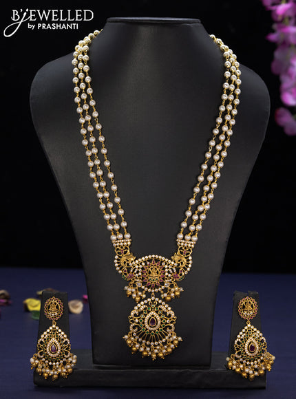 Pearl haaram lakshmi design with kemp & cz stones and golden beads hangings