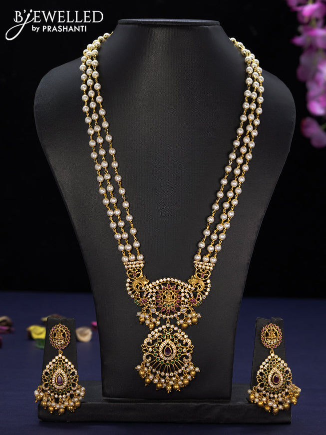 Pearl haaram lakshmi design with kemp & cz stones and golden beads hangings