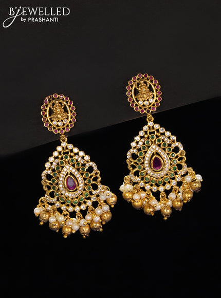 Pearl haaram lakshmi design with kemp & cz stones and golden beads hangings