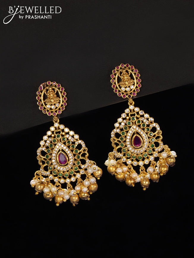 Pearl haaram lakshmi design with kemp & cz stones and golden beads hangings