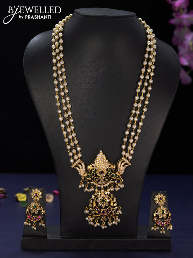 Pearl haaram chandbali design with kemp & cz stones and pearl hangings