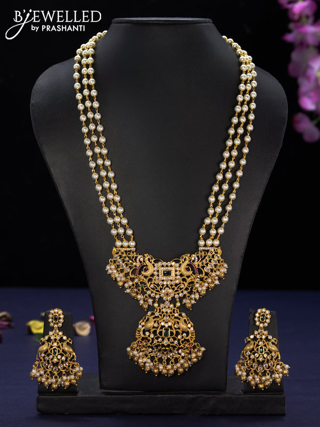 Pearl haaram peacock design with kemp & cz stones and golden beads hangings