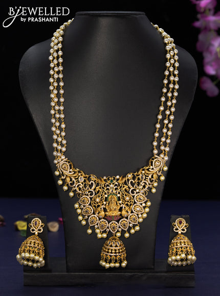 Pearl haaram lakshmi design with kemp & cz stones and pearl hangings