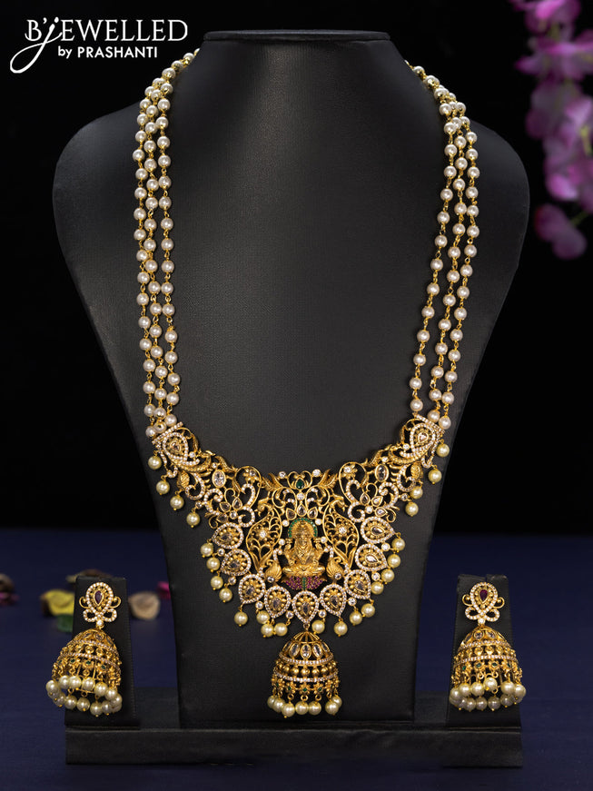 Pearl haaram lakshmi design with kemp & cz stones and pearl hangings