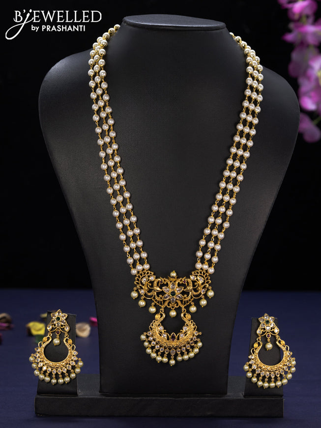 Pearl haaram with kemp & cz stones and pearl hangings