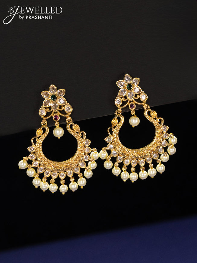 Pearl haaram with kemp & cz stones and pearl hangings