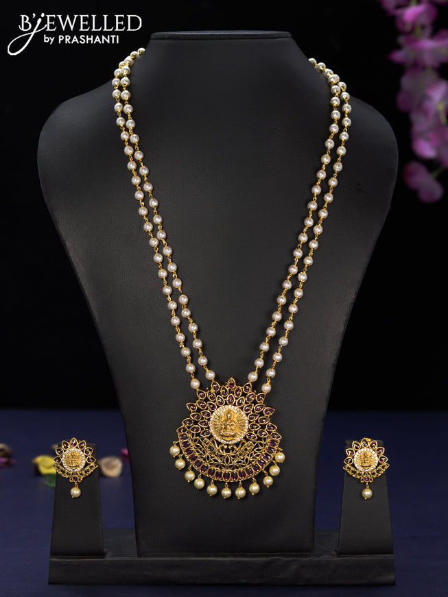 Pearl haaram lakshmi design with kemp & cz stones and pearl hangings