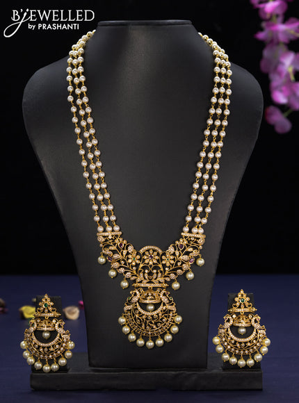 Pearl haaram with kemp & cz stones and pearl hangings