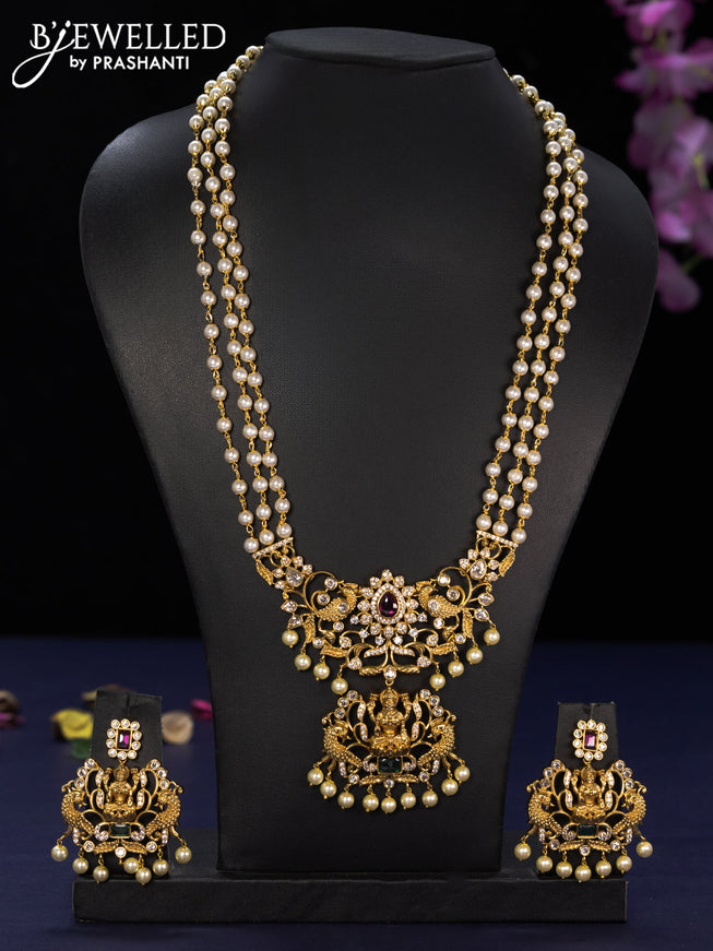 Pearl haaram lakshmi design with kemp & cz stones and pearl hangings