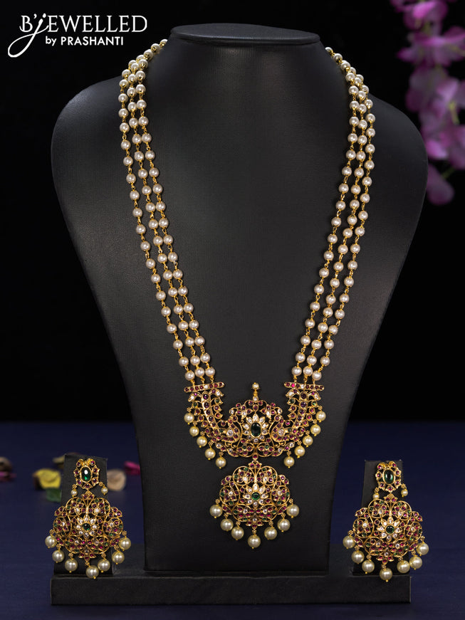 Pearl haaram with kemp & cz stones and pearl hangings