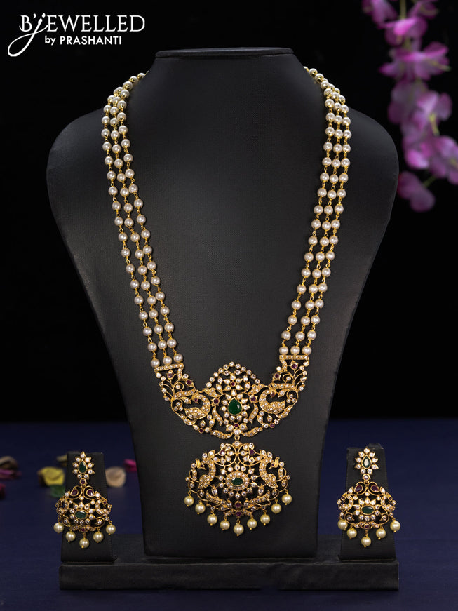 Pearl haaram peacock design with kemp & cz stones and pearl hangings