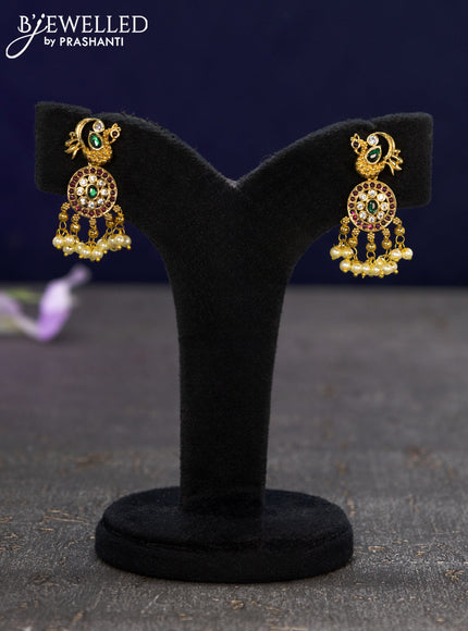 Antique earrings peacock design with kemp & cz stones and pearl hangings