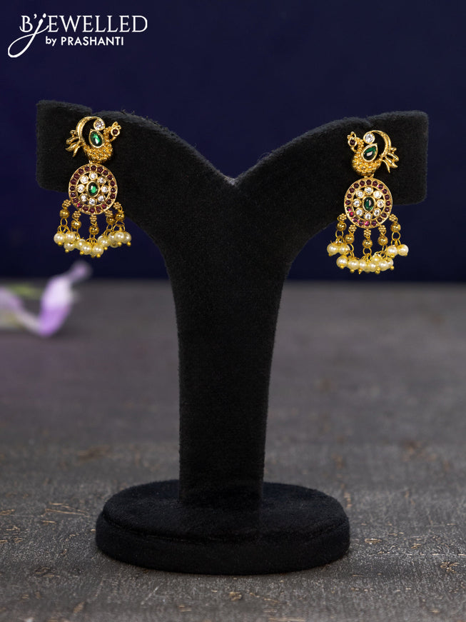 Antique earrings peacock design with kemp & cz stones and pearl hangings