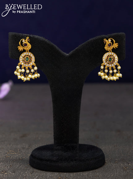 Antique earrings peacock design with kemp & cz stones and pearl hangings