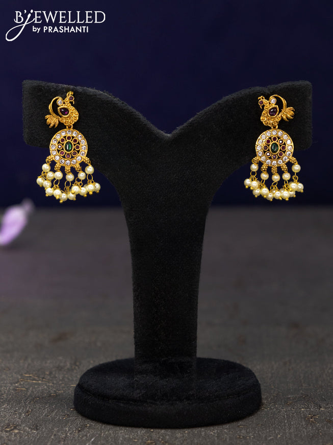 Antique earrings peacock design with kemp & cz stones and pearl hangings