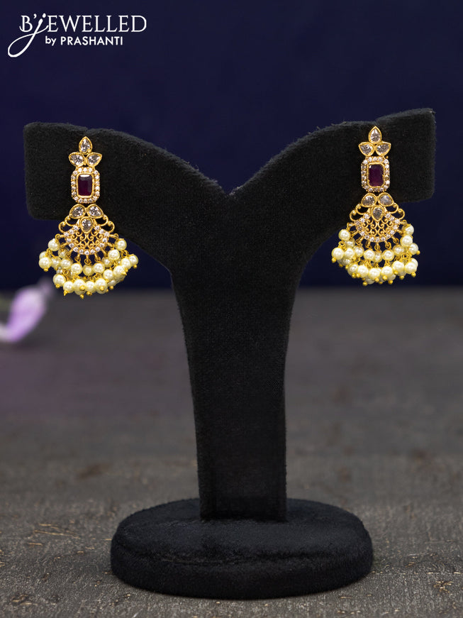 Antique earrings with pink kemp & cz stones and pearl hangings