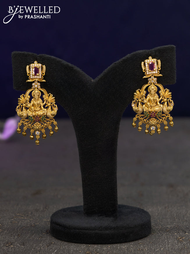 Antique earrings lakshmi design with kemp & cz stones and golden beads hangings