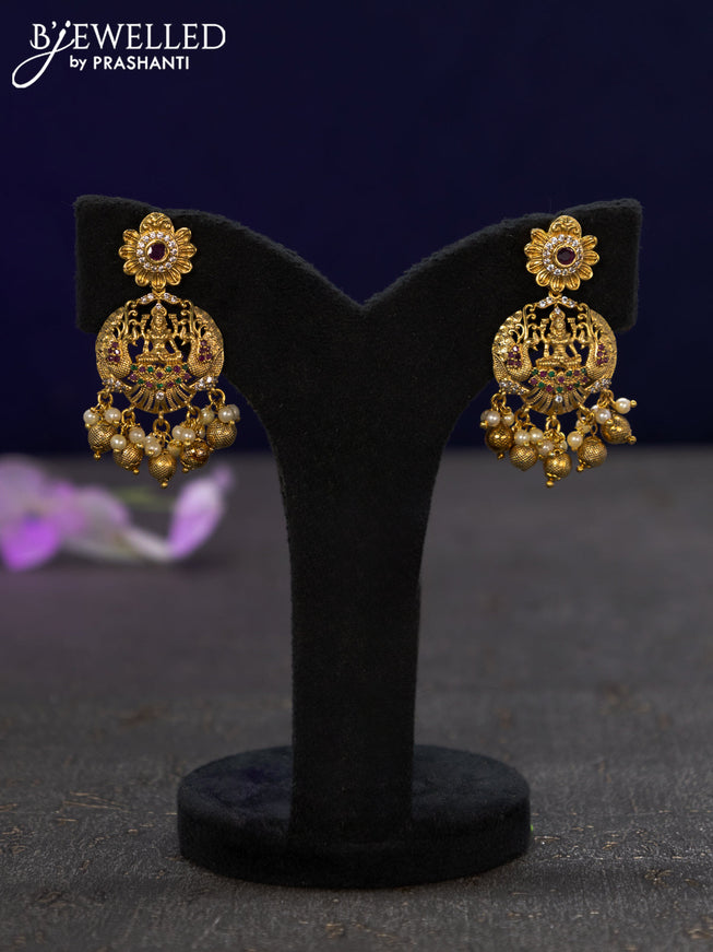 Antique earrings lakshmi design with kemp & cz stones and golden beads hangings