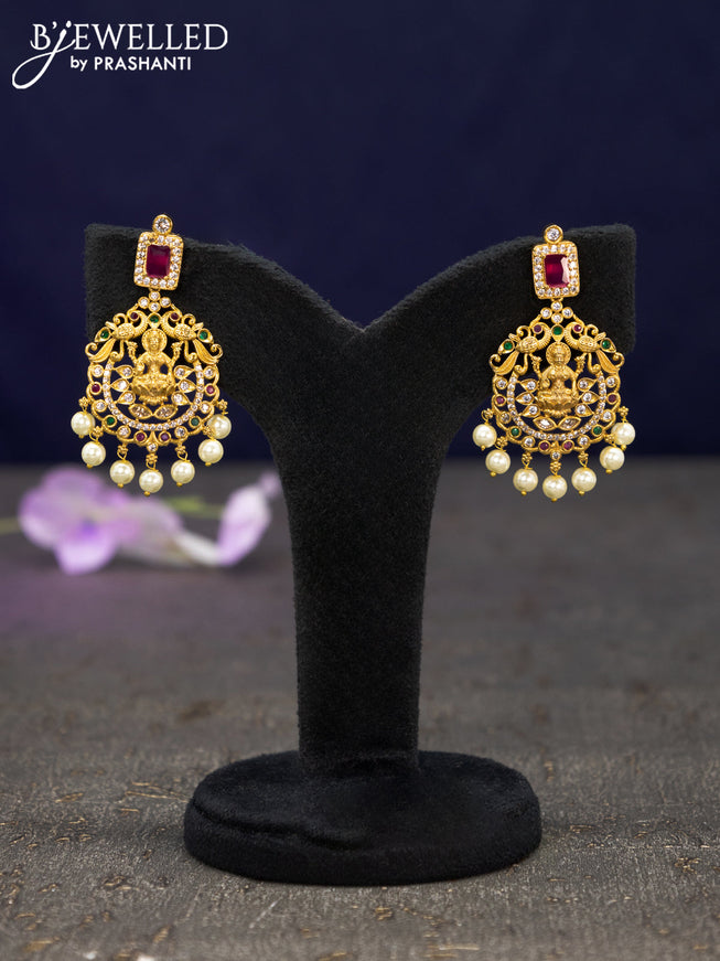 Antique earrings lakshmi design with kemp & cz stones and pearl hangings