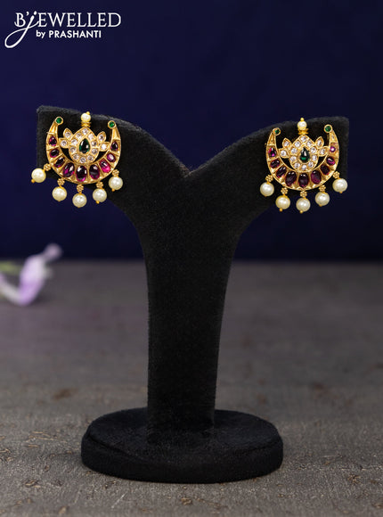 Antique earrings chandbali design with kemp & cz stones and pearl hangings