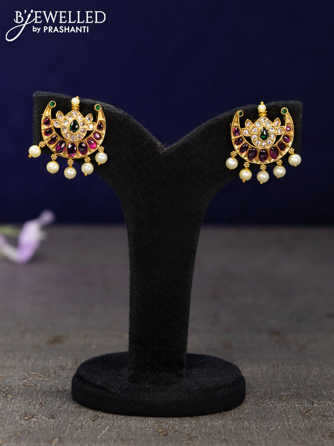 Antique earrings chandbali design with kemp & cz stones and pearl hangings