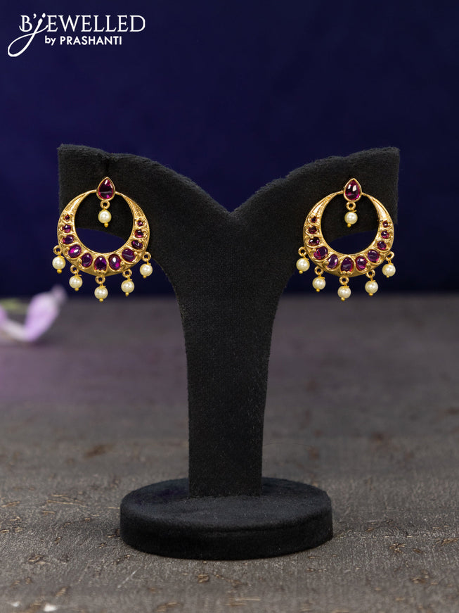 Antique earrings chandbali design with pink kemp stones and pearl hangings