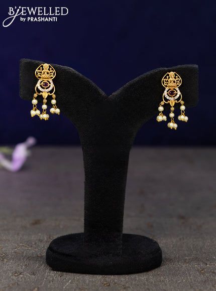 Antique earrings lakshmi design with pink kemp & cz stones and pearl hangings