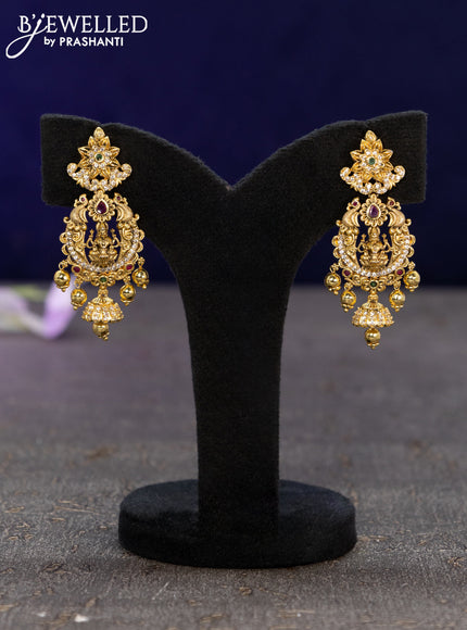 Antique earrings lakshmi design with kemp & cz stones and golden beads hangings