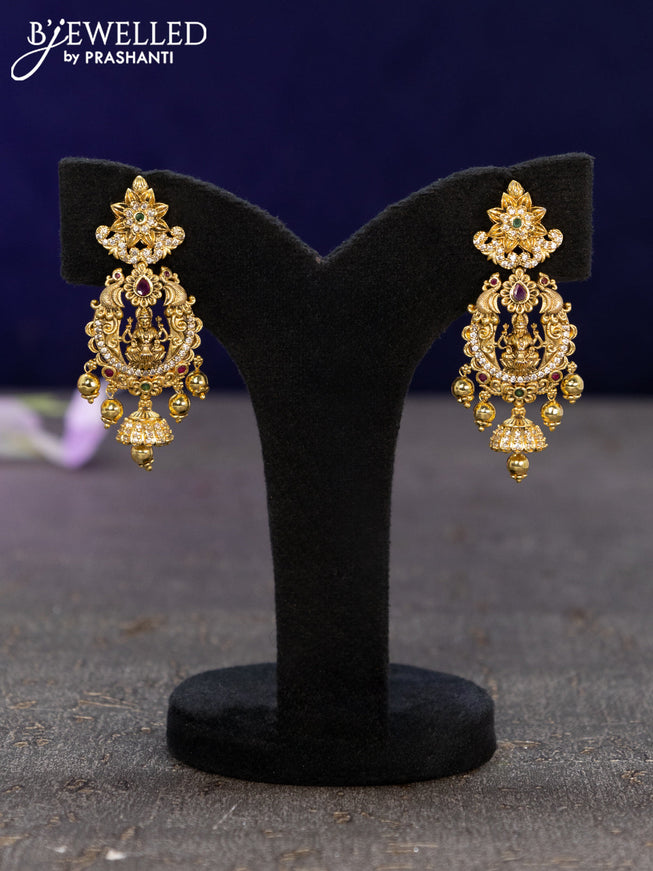 Antique earrings lakshmi design with kemp & cz stones and golden beads hangings