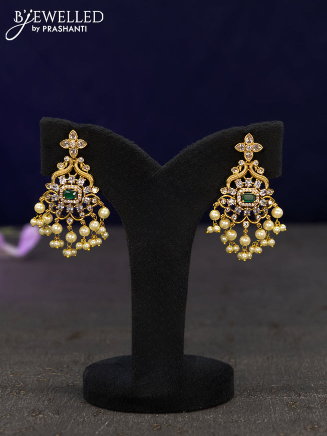 Antique earrings with emerald & cz stones and pearl hangings