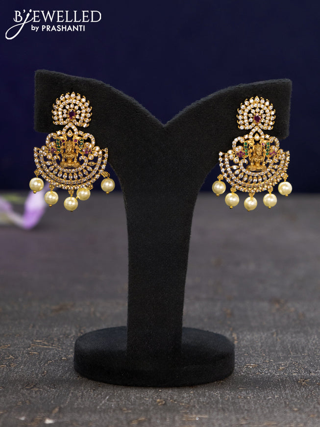 Antique earrings lakshmi design with kemp & cz stones and pearl hangings