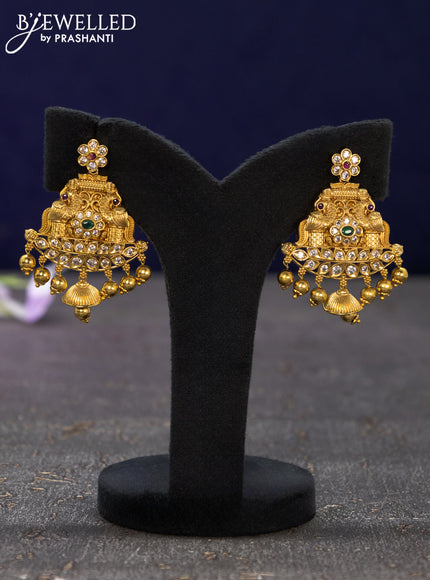 Antique earrings peacock design with kemp & cz stones and golden beads hangings