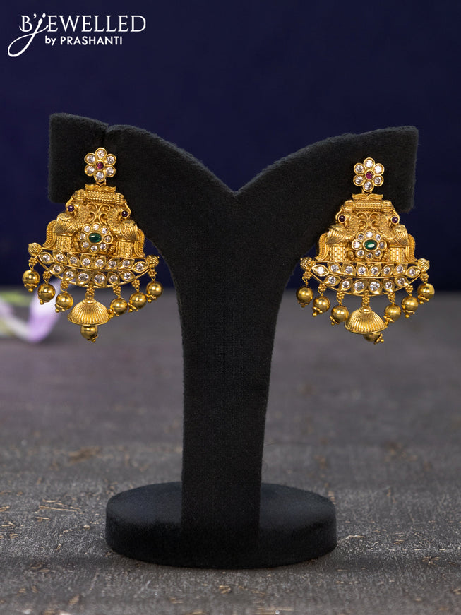 Antique earrings peacock design with kemp & cz stones and golden beads hangings