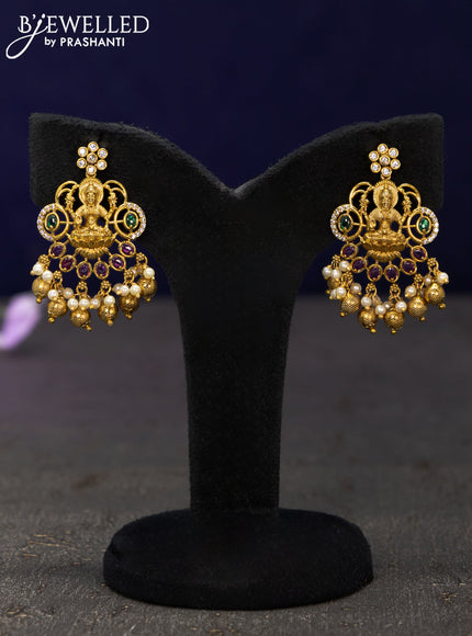 Antique earrings lakshmi design with kemp & cz stones and golden beads hangings