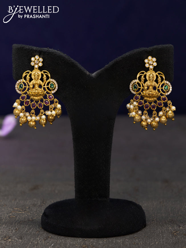 Antique earrings lakshmi design with kemp & cz stones and golden beads hangings