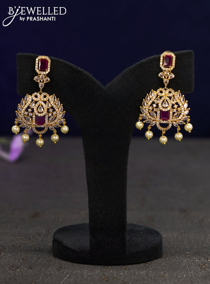 Antique earrings with pink kemp & cz stones and pearl hangings