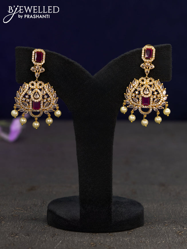 Antique earrings with pink kemp & cz stones and pearl hangings