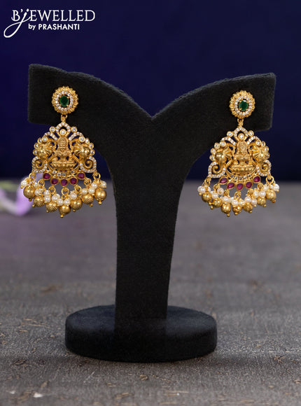 Antique earrings lakshmi design with kemp & cz stones and golden beads hangings