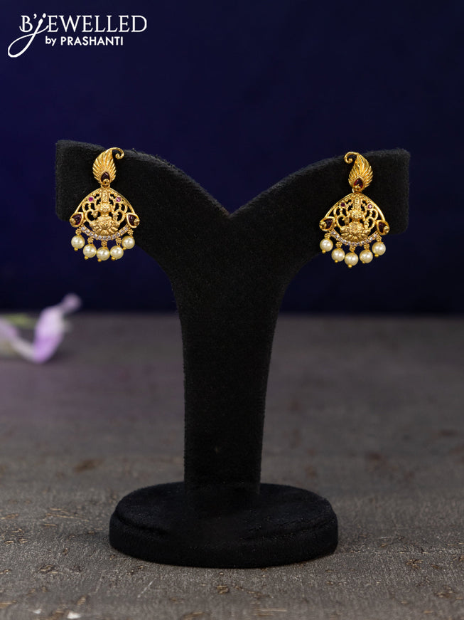 Antique earrings lakshmi design with kemp & cz stones and pearl hangings