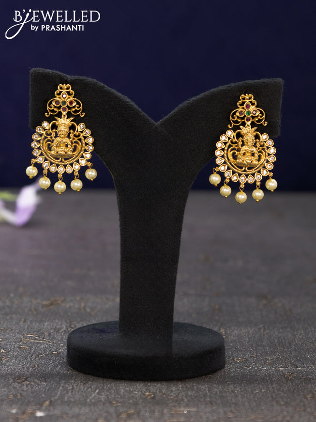 Antique earrings lakshmi design with kemp & cz stones and pearl hangings