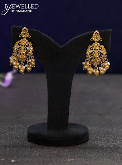 Antique earrings lakshmi design with kemp & cz stones and golden beads hangings