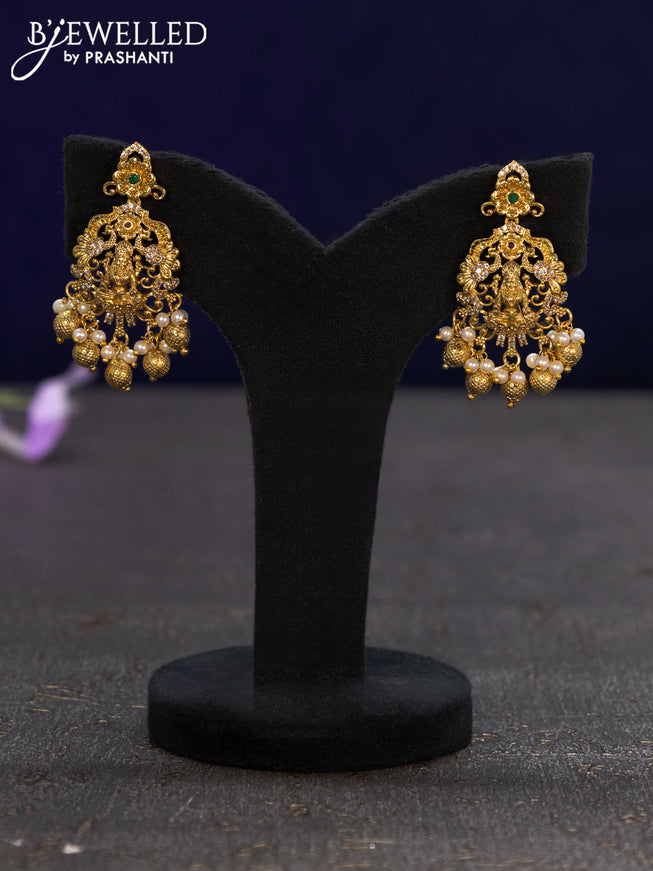 Antique earrings lakshmi design with kemp & cz stones and golden beads hangings